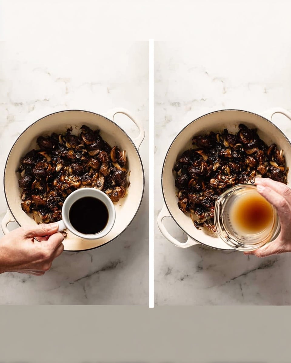The first image shows a white, round pot with two side handles, filled with dark brown cooked mushrooms that have a slightly crispy texture. A woman's hand is holding a small white cup with black liquid, pouring it over the mushrooms. The pot and hand rest on a white marbled surface. The second image displays the same pot with the cooked mushrooms inside. A woman's hand is now holding a clear measuring cup filled with a light brown liquid, pouring it over the mushrooms. The setting remains a white marbled surface. photo taken with an iphone --ar 4:5 --v 7