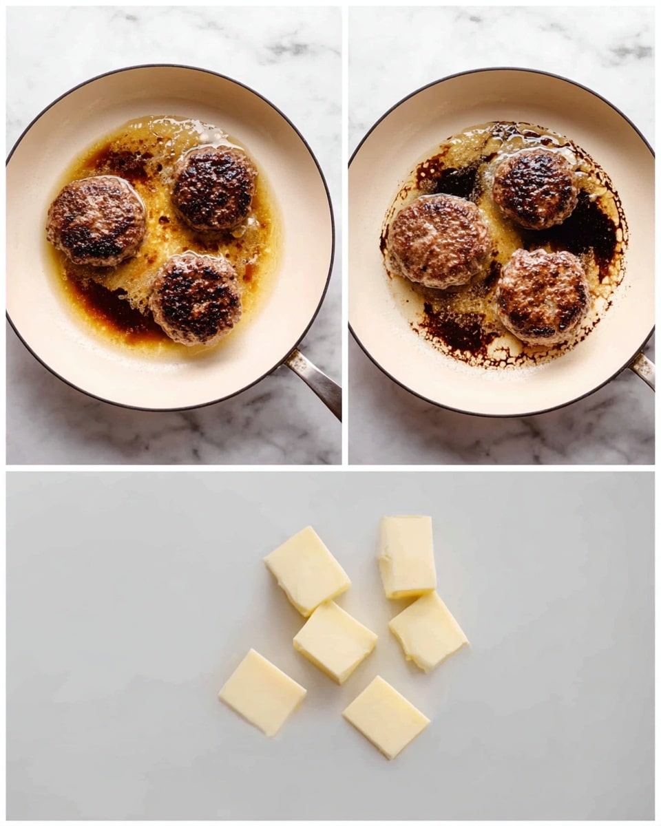 The first image shows a white pan on a white marbled surface with three browned meat patties cooking in a light layer of oil, with dark brown seared spots around them. The second image shows the same white pan with five pale yellow butter cubes melting evenly over the dark brown seared spots and cooking juices inside the pan. Photo taken with an iphone --ar 4:5 --v 7