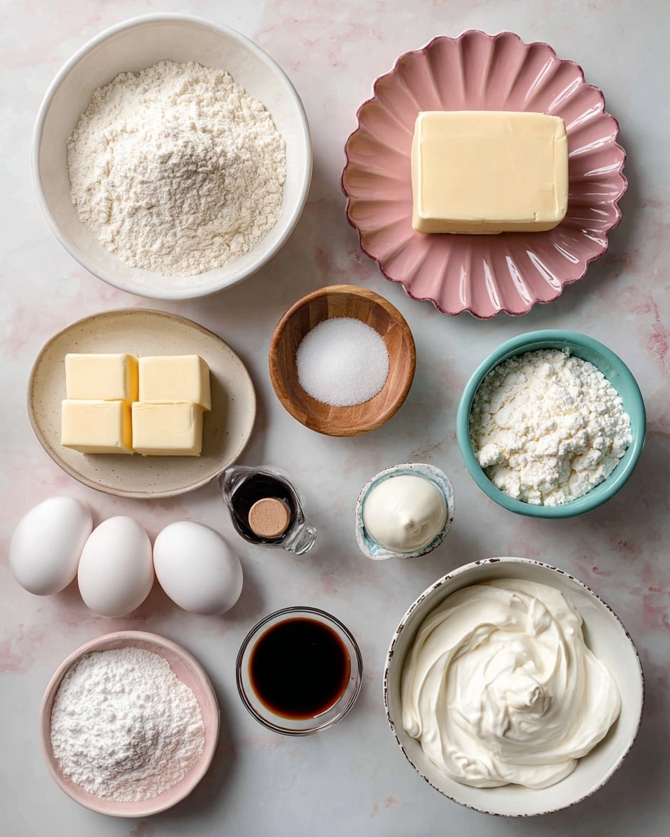 A flat lay photo of various baking ingredients arranged neatly on a white marbled surface. There is a white bowl filled with all-purpose flour at the top left, a pink scalloped plate with a block of cream cheese to the right, a white bowl of granulated sugar below the flour, two sticks of unsalted butter in the center, a small wooden bowl with coarse kosher salt to the right, three large white eggs near the bottom left, a small pink bowl of cornstarch in the middle, a small glass cup with dark vanilla extract beside a bottle of almond extract on the right side, a white bowl of sour cream at the bottom right, a white bowl of confectioners’ sugar at the bottom left, and a small white bowl with heavy cream near the bottom center. The colors are soft and natural, with a clean and organized look, photo taken with an iphone --ar 4:5 --v 7