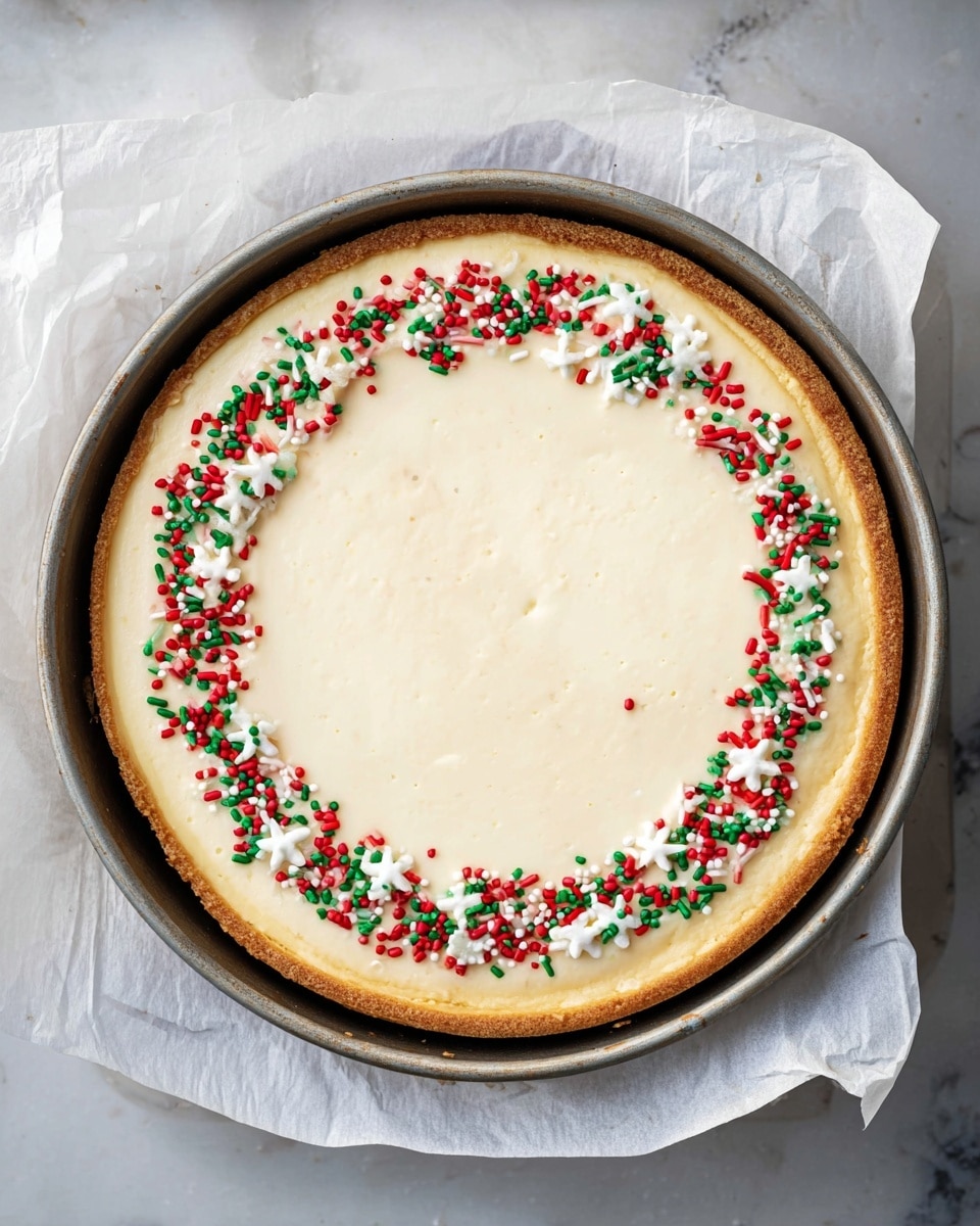 A round cheesecake with a golden brown crust forms the base and sides, holding a thick, smooth, creamy white filling on top. Around the edge of the filling is a ring of colorful sprinkles in red, green, and white, including small white flower shapes, adding a festive touch. The cheesecake is in a metal pan placed on white parchment paper, all set against a white marbled texture surface. photo taken with an iphone --ar 4:5 --v 7