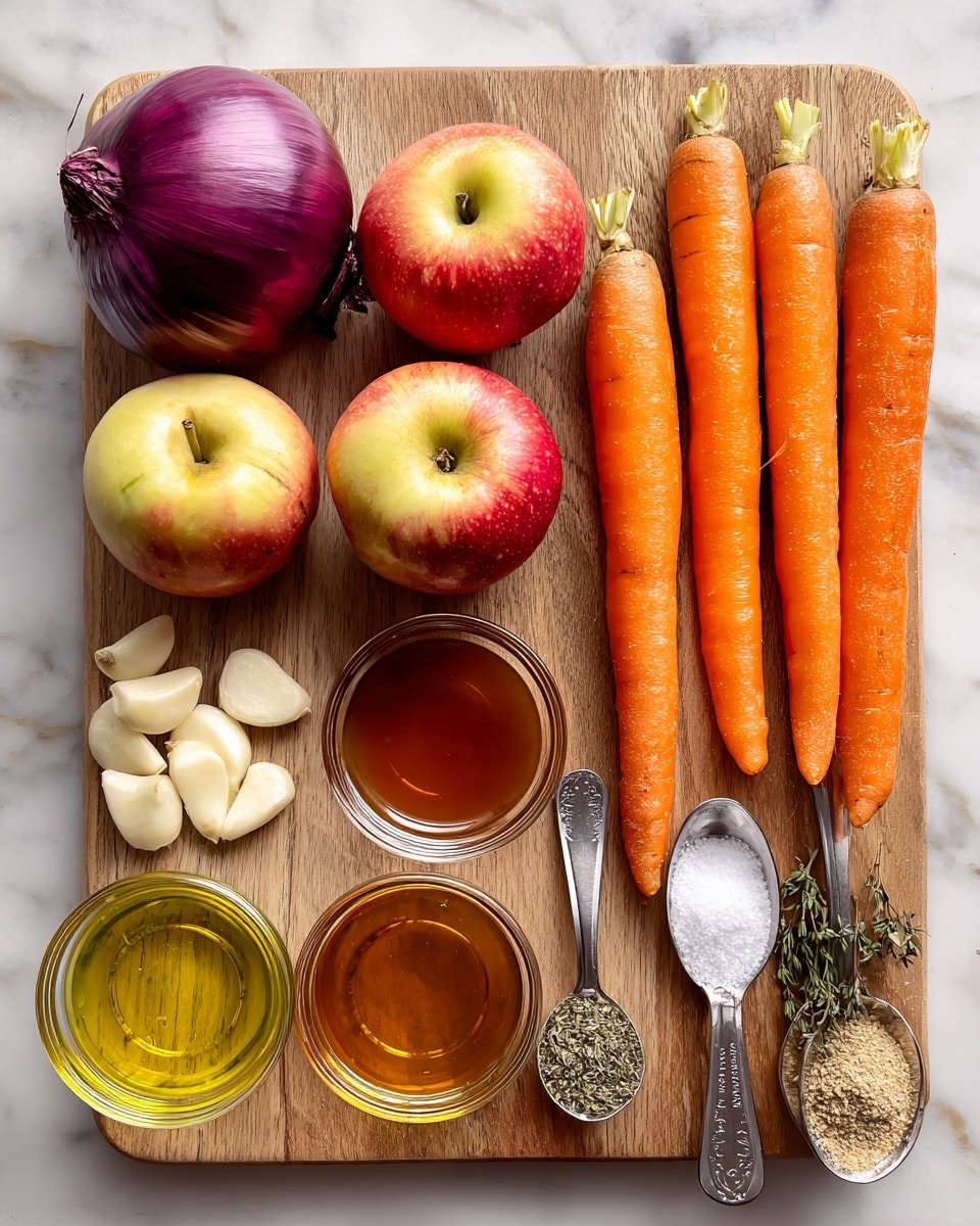 The image shows fresh ingredients arranged neatly on a wooden board with a white marbled background. On the left, there is one purple onion with a smooth, shiny surface. Next to it are three apples with a mix of red, yellow, and green colors, smooth and round. To the right, five long orange carrots with a slightly rough texture and green tops are lined up. Below, there is a small pile of seven peeled garlic cloves that are white and smooth. Three small glass bowls are placed in front of the apples and carrots: one with golden yellow olive oil, another with reddish-brown maple syrup, and the last with grainy, light brown Dijon mustard. On the right side, three silver measuring spoons hold dried thyme leaves, white sea salt, and black pepper, each labeled and evenly spaced. The whole scene is well-lit, showing clear textures and colors of the ingredients. Photo taken with an iphone --ar 4:5 --v 7