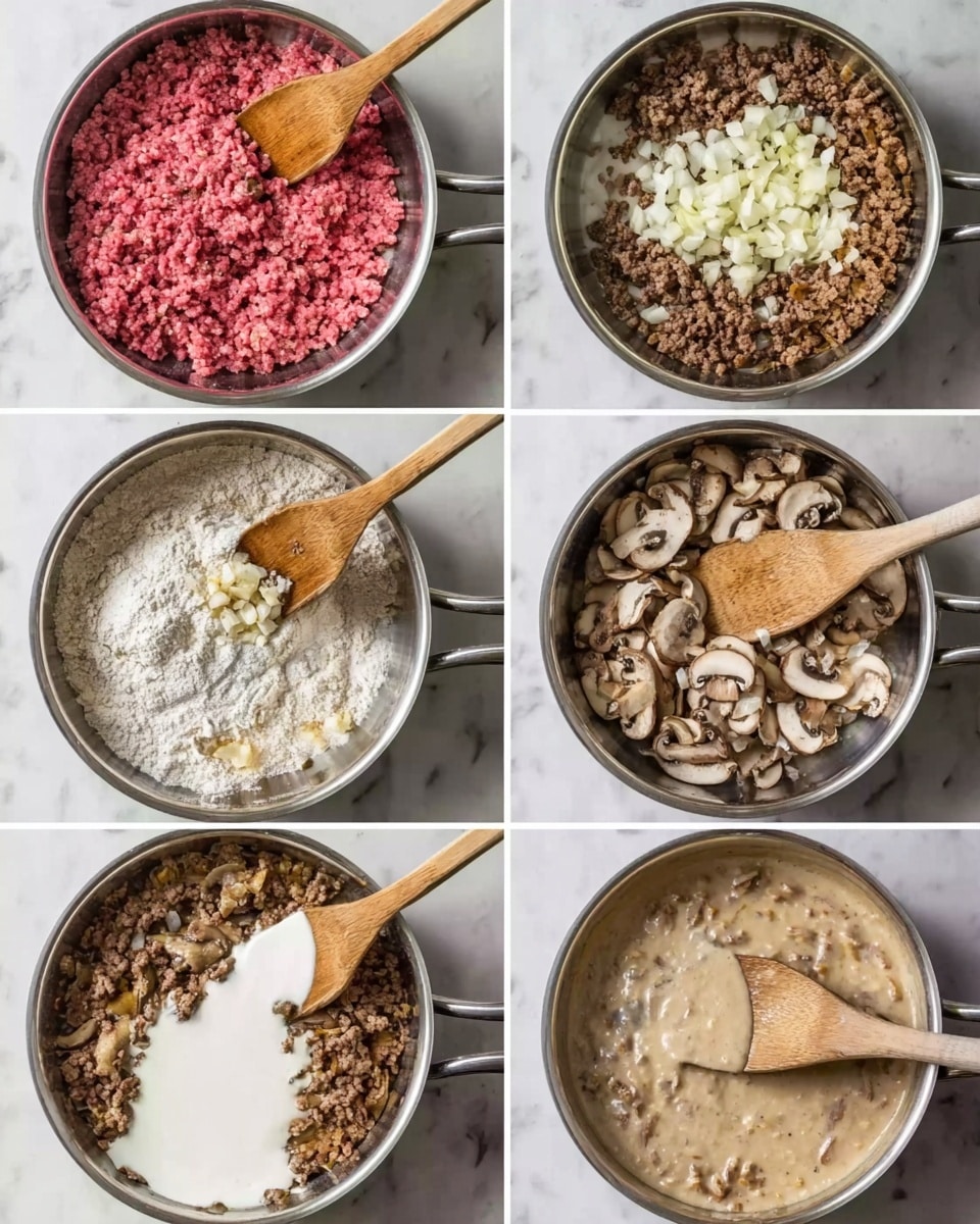The image shows six photos arranged in two columns and three rows, all sitting on a white marbled surface, each photo depicting a round silver pan from above. The first photo shows bright pink uncooked ground meat with a wooden spoon resting inside the pan. The second photo shows browned ground meat mixed with small white chopped onions. The third photo shows the browned meat with sliced light brown mushrooms added on top. The fourth photo shows the mixture with white flour sprinkled over it. The fifth photo shows the wooden spoon stirring the mixture with milk being poured in. The sixth photo shows a creamy beige sauce with bits of meat and mushrooms throughout, being stirred by a wooden spoon. Photo taken with an iphone --ar 4:5 --v 7