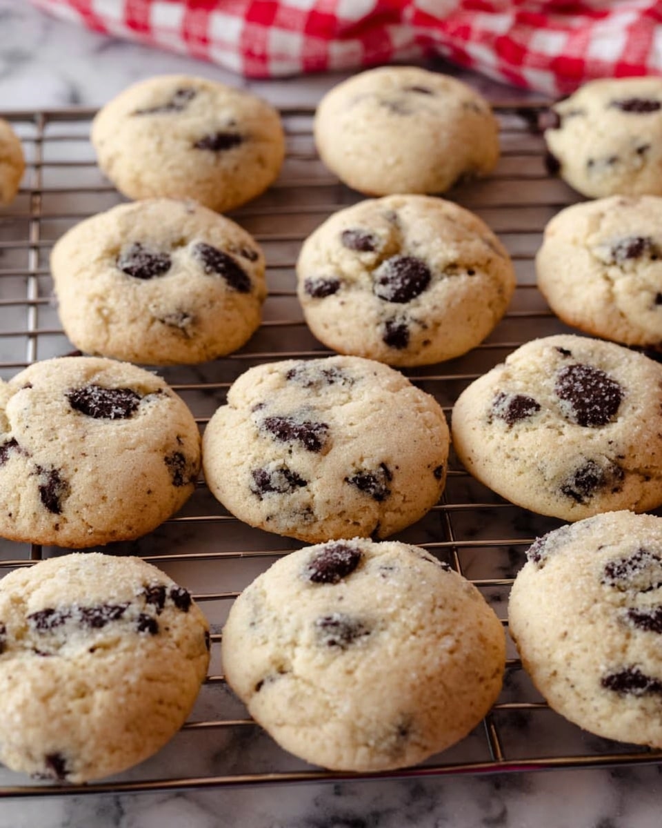 A close-up view of multiple round cookies with a light beige color and dark chocolate chips spread inside each one, placed on a metal cooling rack. The cookies look soft with small crinkles on the top surface and have a slightly rounded shape. The background is a white marbled texture with a hint of a red and white checkered cloth partially visible near the top right corner. photo taken with an iphone --ar 4:5 --v 7