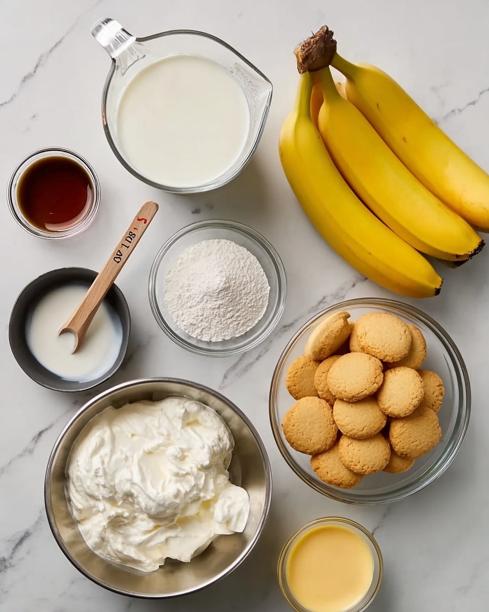 The image shows a top view of ingredients for a dessert arranged on a white marbled surface. There is a clear glass bowl full of small round vanilla cookies positioned on the right side. Above it, there are three bright yellow bananas placed in a cluster. To the left of the bananas, a clear glass measuring cup filled with white milk sits near the top center. Below the milk, there is a small clear bowl of white powder, likely sugar or flour. To the left, there is a metal bowl filled with fluffy white cream and a spoon resting inside. Below the cream, a small black cup contains a dark brown liquid with a wooden measuring spoon marked