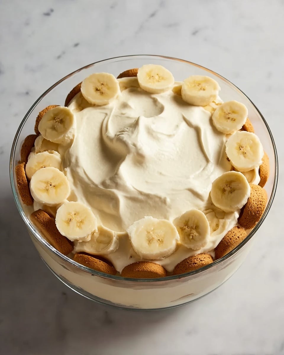The image shows a clear glass bowl with three visible layers of dessert placed on a white marbled surface. The bottom layer consists of small round golden-brown cookies or biscuits arranged in a single layer touching the edge of the bowl. On top of these cookies, there is a layer of banana slices, each piece round and pale yellow with a few light brown spots. The top layer is a thick, creamy white mixture spread over the bananas with a smooth, slightly swirled texture. The photo taken with an iphone --ar 4:5 --v 7