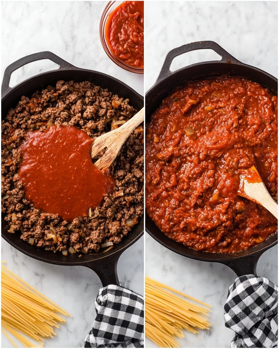Two images side by side show a cooking scene with a black cast iron pan on a white marbled surface. The left image shows the pan filled with browned ground meat mixed with small pieces of onions, with thick red tomato sauce added on top in the center, and a wooden spatula resting inside the pan, touching the sauce. The right image shows the same pan with the tomato sauce fully stirred into the meat, creating a uniform rich reddish-brown meat sauce with a slightly chunky texture. Nearby is a glass container holding extra tomato sauce and uncooked spaghetti strands on the white marbled surface, with a black and white checkered cloth under the pan handle. Photo taken with an iphone --ar 4:5 --v 7