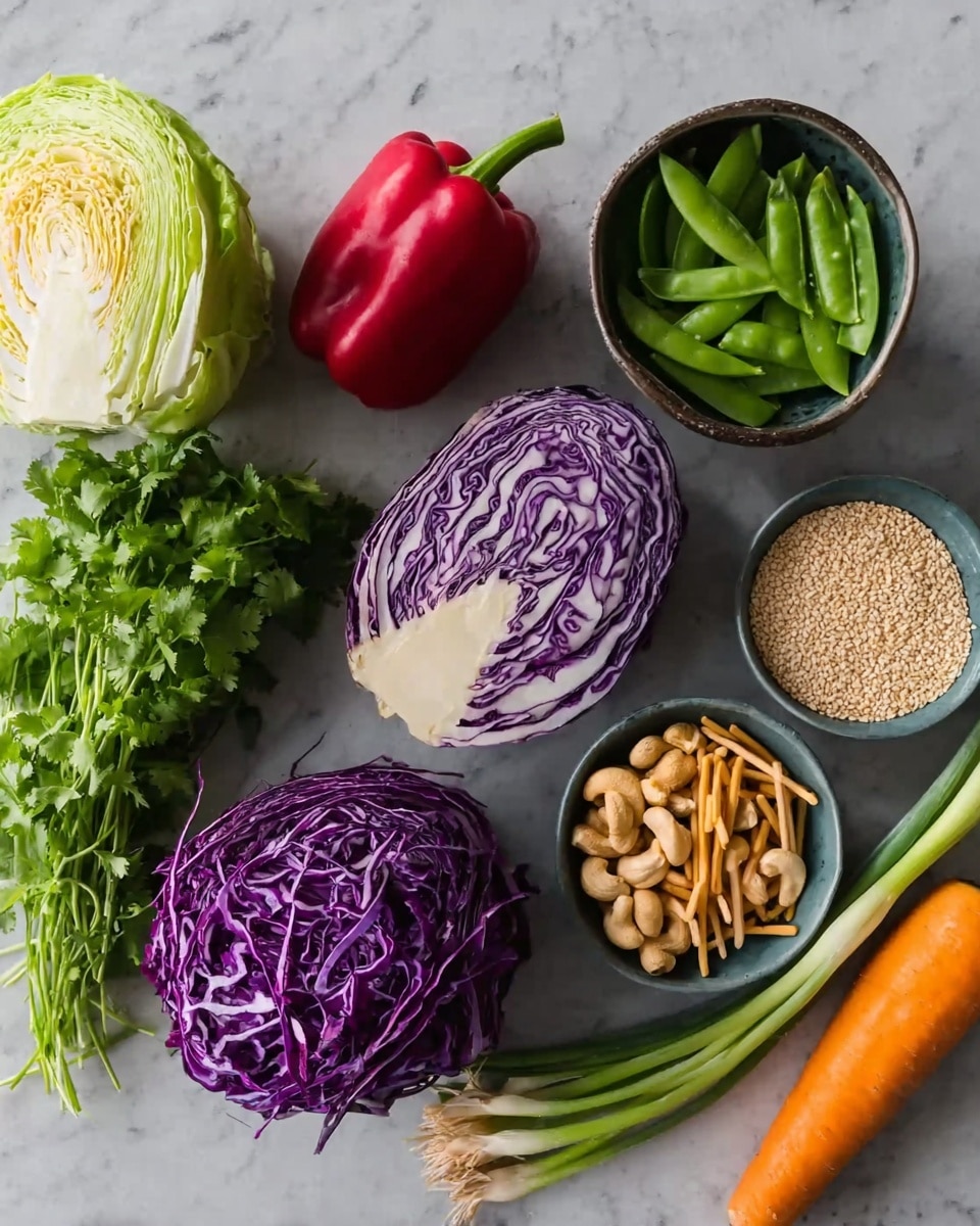 The image shows a variety of fresh vegetables and snacks laid out on a white marbled texture. There is a half green cabbage with a light green and white leafy texture on the top left, and next to it a bright red bell pepper. Below the cabbage is a bunch of green cilantro with delicate leaves and thin stems. In the center is a half purple cabbage showing its vibrant deep purple and white layers. To the right of the purple cabbage, there are three bowls: one filled with beige sesame seeds, one with thin brown crunchy sticks, and one with light brown cashew nuts. Above the bowls, a bowl holds fresh green snap peas. On the right side of the image, there is a whole orange carrot with a smooth texture and several long green onions with white bulbs at the base stacked together. photo taken with an iphone --ar 4:5 --v 7