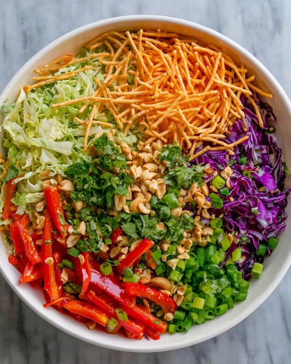 A white bowl filled with a colorful salad arranged in sections, starting from the top left with thin orange carrot sticks, then finely shredded light green cabbage on the top right, bright red bell pepper strips at the bottom right, chopped green onions at the bottom middle, and shredded purple cabbage at the bottom left. Fresh green herbs like cilantro are scattered throughout. The salad is topped with crunchy light brown noodle sticks and some peanuts, adding texture across the whole dish. The bowl sits on a white marbled surface. photo taken with an iphone --ar 4:5 --v 7