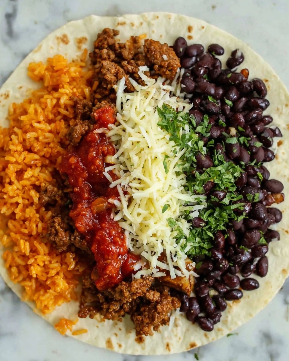 A white tortilla lays flat on a white marbled surface, topped with layers of bright orange rice spread along one side, dark black beans scattered mostly on the opposite side, and a generous pile of cooked ground beef with a brownish color mixed with onions placed near the center. A thick line of shredded white cheese lies on top of some black beans next to a vivid red layer of salsa sauce that has bits of green herbs sprinkled over it, adding fresh color to the dish. photo taken with an iphone --ar 4:5 --v 7