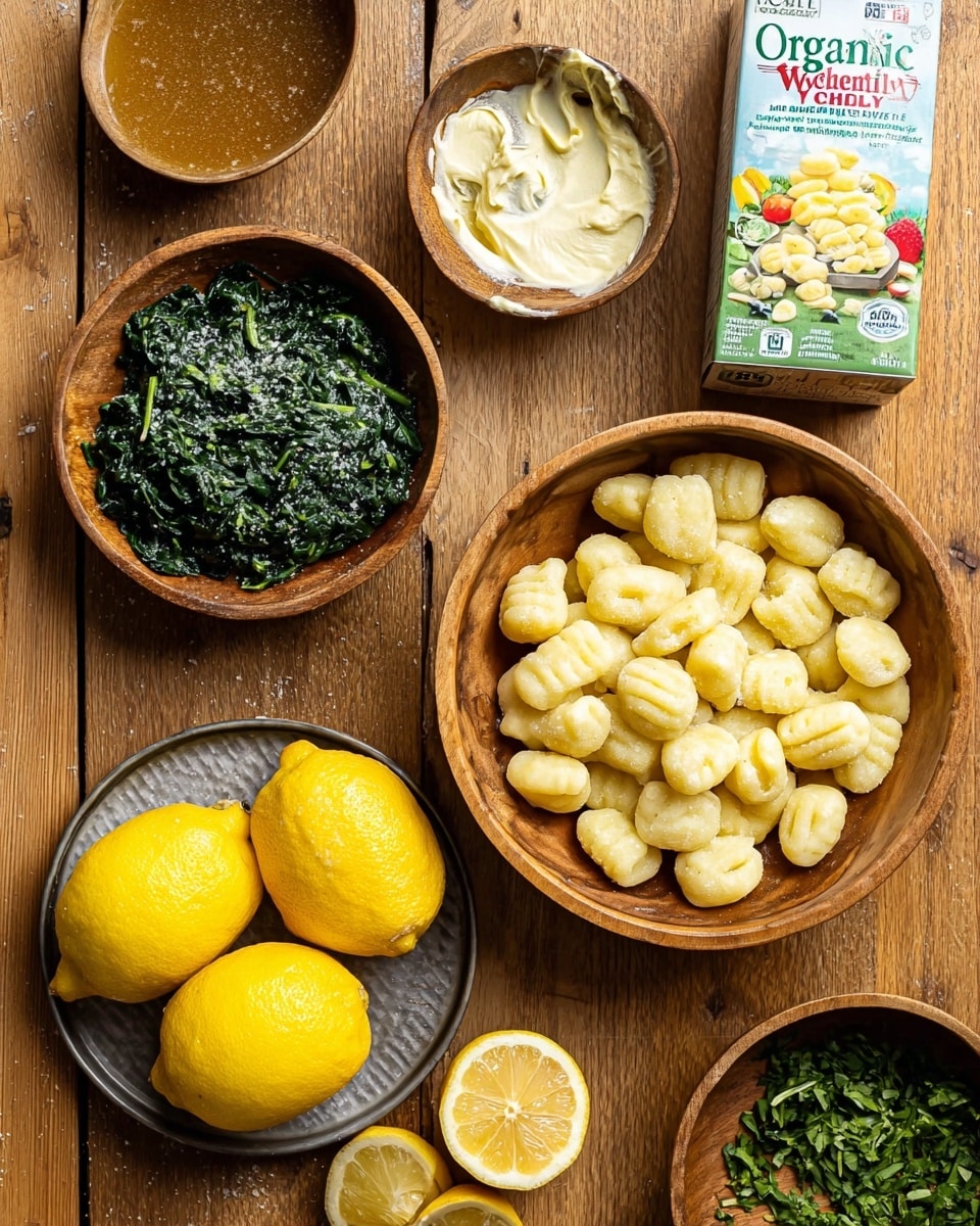 The image shows a wooden surface with several food items arranged on it. In the center-right, there is a wooden bowl filled with pale yellow gnocchi, slightly textured and round with small indentations. To the left, there is a small wooden bowl with dark green chopped spinach that has a frosty look. Below the spinach bowl, there is a round metal plate holding two whole bright yellow lemons and one lemon half with visible juicy segments. Above the spinach bowl, there is a carton of Organic Valley heavy whipping cream with a picture of whipped cream and fruit on it. Next to the cream carton, on the top right, there is another wooden bowl containing green chopped herbs, and part of a bowl with a brown liquid is visible. The surface is wood-textured but should be imagined as white marbled. photo taken with an iphone --ar 4:5 --v 7