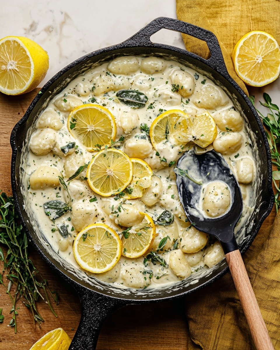 A black cast iron pan filled with creamy white sauce gnocchi sits on a white marbled textured surface. The dish has plump gnocchi coated in a thick creamy sauce mixed with green herbs. On top and stirred throughout are thin slices and wedges of bright yellow lemons, adding a fresh pop of color. A black spoon with a wooden handle scoops some gnocchi and sauce from the right side of the pan. Nearby, a halved lemon and sprigs of fresh herbs lie on the white marbled texture surface, with a mustard-yellow cloth partially visible in the bottom right corner. Photo taken with an iphone --ar 4:5 --v 7