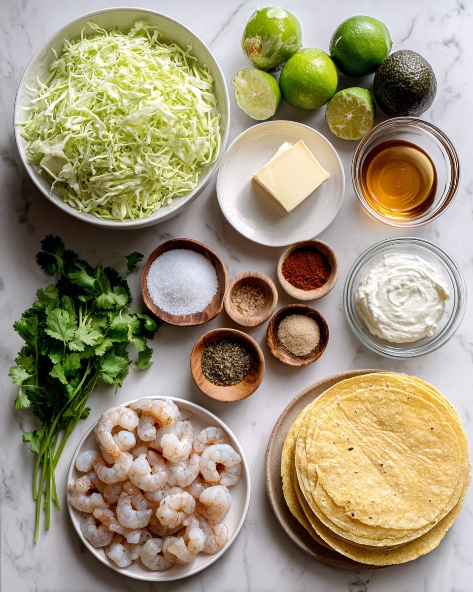 The image shows ingredients arranged neatly on a white marbled surface for a shrimp taco recipe. A white bowl filled with shredded green cabbage is at the top left, while two whole limes and a whole avocado are placed nearby. A small white bowl holds a block of butter, and another white bowl contains honey. A clear glass bowl is full of thick Greek yogurt. There is a small wooden bowl with salt and pepper, and three smaller wooden bowls with smoked paprika, garlic powder, and chili powder, all next to a white plate piled with raw wild-caught shrimp. Below, there is a stack of yellow corn tortillas and a bundle of fresh cilantro with green leaves and stems. The colors are fresh and natural with white and green tones dominating the composition. The photo taken with an iphone --ar 4:5 --v 7