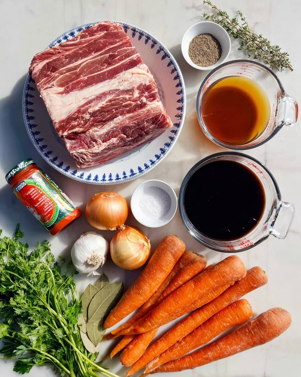 The image shows several cooking ingredients neatly arranged on a white marbled surface. In the center, there is a white plate with blue stripes holding a large piece of raw marbled meat with visible fat layers. To the right of the plate, there are two clear glass measuring cups: one filled with dark liquid and the other with a lighter brown liquid. Below these, a group of fresh carrots with rough orange skin is laid out. Near the bottom left, there are two whole onions and fresh green herbs including parsley and thyme. To the left of the plate with meat, there is a red tube of tomato paste, garlic cloves, two bay leaves, and two small white dishes— one with salt and the other with black pepper. The whole setup is well-lit, showing the textures and colors clearly. photo taken with an iphone --ar 4:5 --v 7