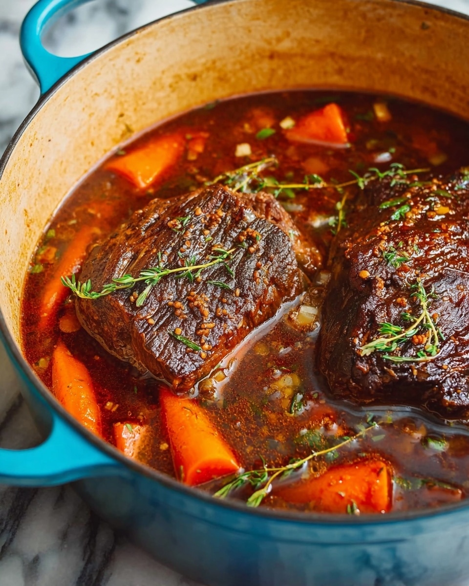 A close-up view of a blue pot filled with a rich brown stew, showing two large pieces of tender cooked meat with a textured surface and dark crust on top, surrounded by bright orange carrot chunks and fresh green herb sprigs, all sitting in a thick, glossy, deep brown sauce with visible herbs and small diced vegetables. The pot is placed on a white marbled surface, highlighting the colors of the stew. photo taken with an iphone --ar 4:5 --v 7