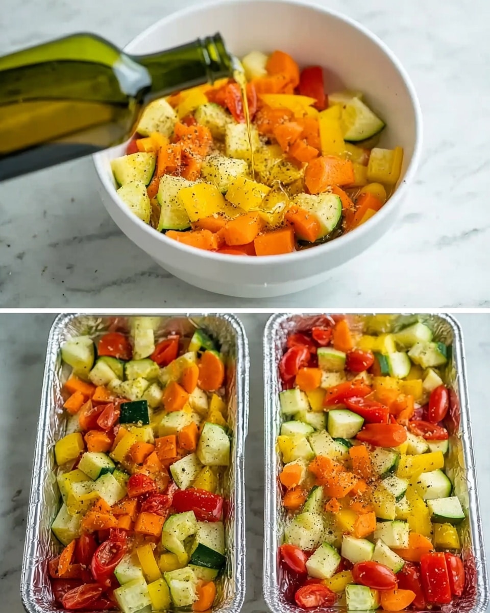 A white bowl filled with cut vegetables including orange bell peppers, yellow squash, green zucchini, red tomatoes, and orange carrots. The vegetables appear seasoned with black pepper and are being drizzled with olive oil from a green glass bottle. Below, there are two foil-lined white trays filled with the same colorful mix of chopped vegetables arranged evenly in each tray. The background is a white marbled surface. photo taken with an iphone --ar 4:5 --v 7