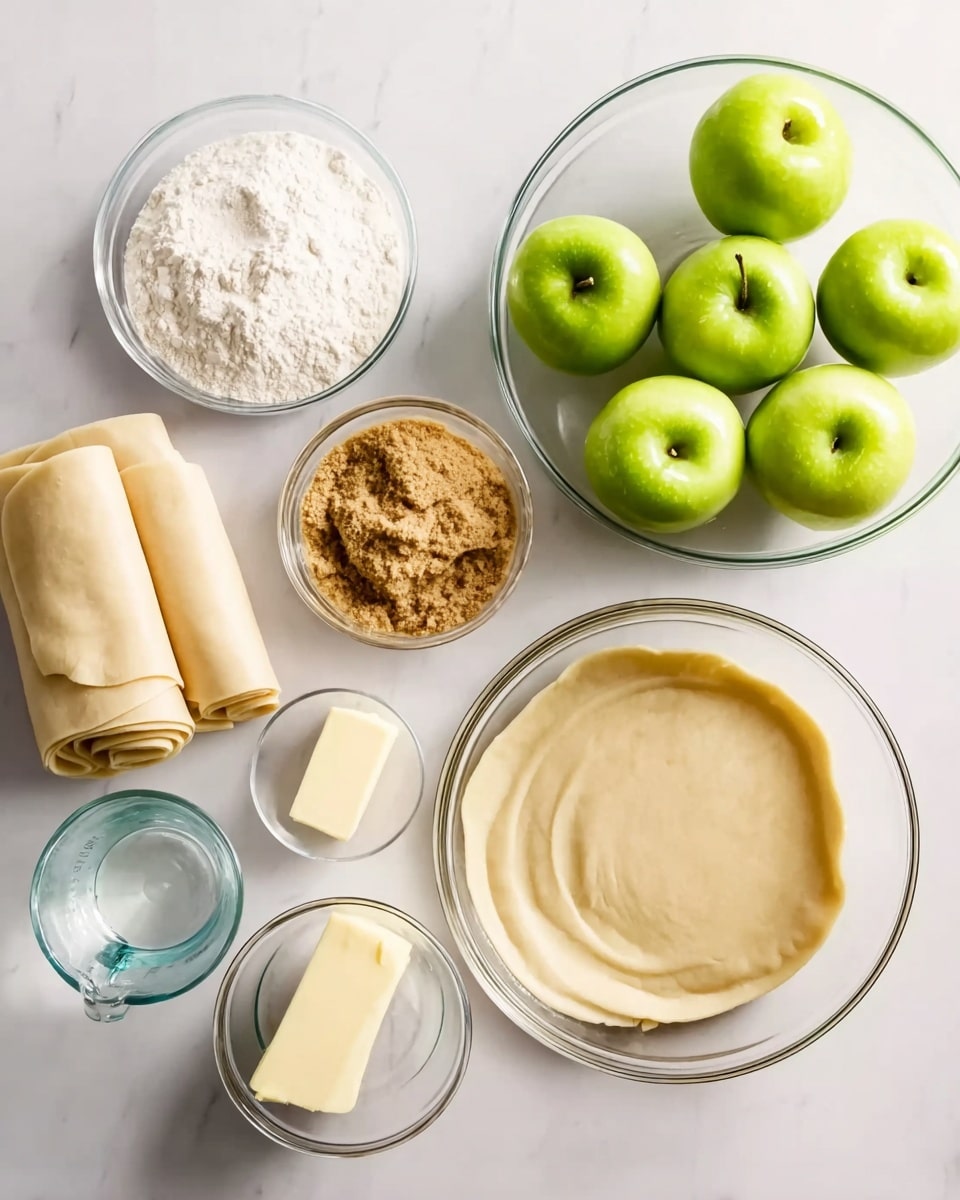 A white marbled surface holds several clear glass bowls with ingredients arranged neatly. On the top right, a bowl contains six green apples with smooth shiny skin. Below that, slightly to the left, lies a stack of rolled light beige dough circles with a soft texture. Above the dough to the left, a bowl of white granulated sugar is seen. To the left of that, there is a bowl with light brown crumbly brown sugar. Next to it, a smaller bowl with white flour is placed. Finally, a small clear glass bowl with a stick of pale yellow butter and a small measuring cup with clear water completes the layout. The colors are natural and soft, and the light from above creates gentle shadows. photo taken with an iphone --ar 4:5 --v 7