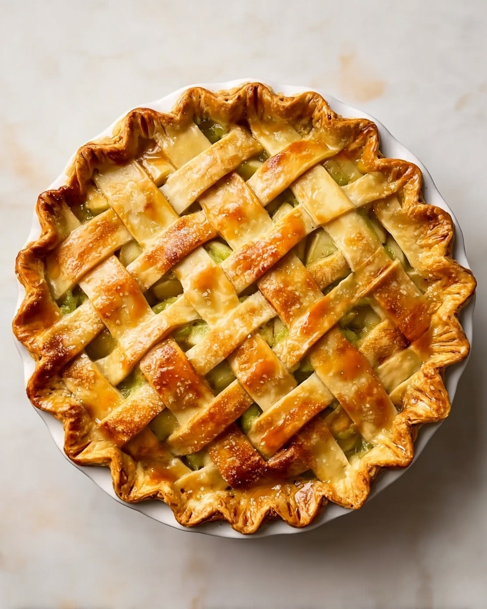 A lattice-topped pie with a golden brown crust sits on a white plate. The crust strips are thick and shiny, woven over a filling that shows a light green color beneath the lattice. The edges of the crust are crimped in a wavy pattern, creating a decorative border around the pie. The pie rests on a white marbled surface. Photo taken with an iphone --ar 4:5 --v 7
