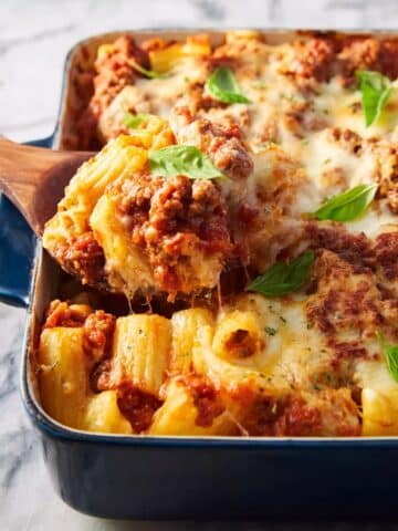 Baked Ziti with Ground Beef, Provolone, and Mozzarella Recipe