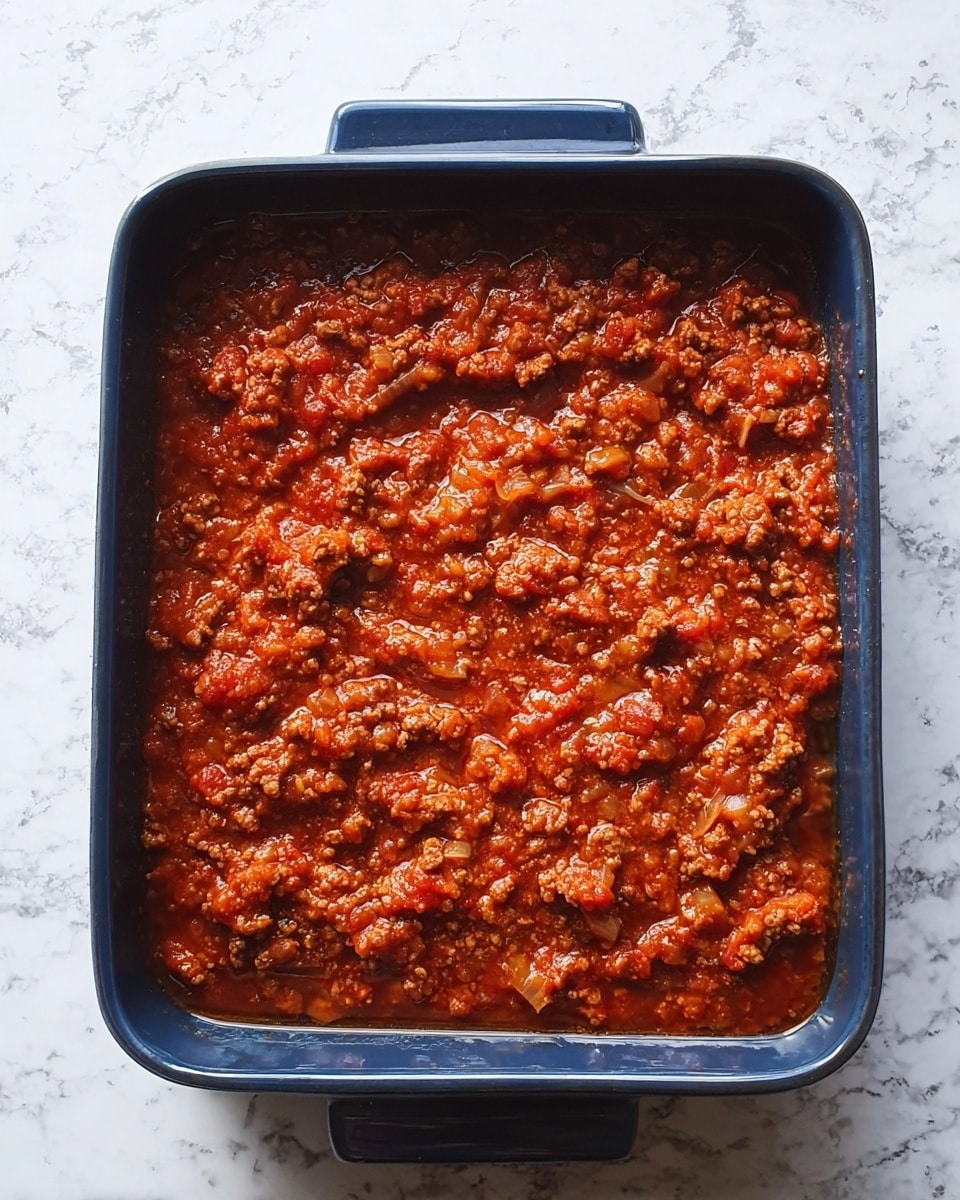 The image shows a dark blue baking dish filled with a thick layer of chunky red meat sauce. The sauce has visible small pieces of cooked ground meat mixed with bits of onions and tomatoes, covering the entire top. The dish is set on a white marbled surface and the sauce has a rich, slightly glossy texture. Photo taken with an iphone --ar 4:5 --v 7