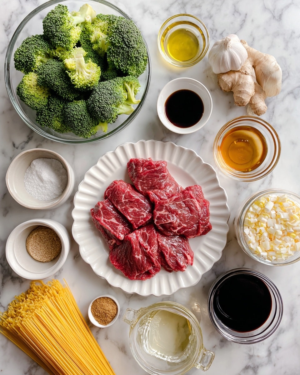 A top-down view shows various cooking ingredients arranged on a white marbled surface. In the center, there is a white scalloped plate holding red raw steak slices. To the top left, a clear glass bowl holds bright green broccoli florets. Surrounding these are small white bowls filled with dark oyster sauce, golden honey, and light brown browning sauce. Nearby are smaller containers holding clear rice vinegar and a golden amber-colored sesame oil. Additional ingredients include a small black bowl with white cornstarch, a bulb of white garlic, a small chunk of light brown ginger, a glass jar holding uncooked yellow noodles, a whole round onion, and a small white dish with light brown ground ginger powder. A glass container with dark soy sauce is also placed near the garlic. The layout is clean and organized, with the colors of the ingredients standing out against the bright white marble background. Photo taken with an iphone --ar 4:5 --v 7