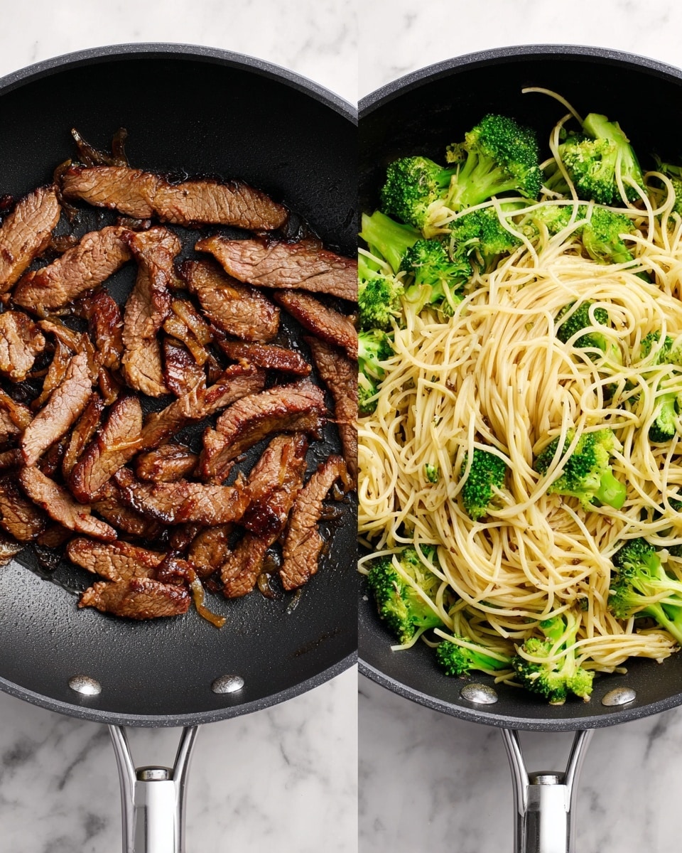 The image shows two black pans on a white marbled surface. The pan on the left contains several browned meat strips, cooked with a shiny, slightly oily surface and some dark caramelized edges, spread evenly across the pan. The pan on the right holds cooked spaghetti noodles, light yellow in color, mixed with bright green broccoli florets scattered throughout. Both pans have silver handles visible at the bottom, and the cooking surface of the pans has a slightly textured, matte finish. photo taken with an iphone --ar 4:5 --v 7