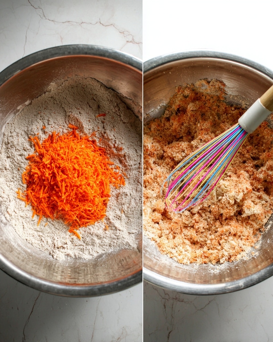 The image shows two views of a mixing process in a large silver metal bowl placed on a white marbled surface. On the left, the bowl contains a layer of light brown flour mixture with a pile of bright orange shredded carrot on top, centered in the bowl. On the right, the same bowl shows the flour and carrot mixed together, with a colorful whisk (blue, green, yellow, pink, orange, and purple wires) resting inside the mixture, which has a rough, crumbly texture and light brownish-orange color. The lighting is natural and bright, giving the metal bowl a soft shine. Photo taken with an iphone --ar 4:5 --v 7