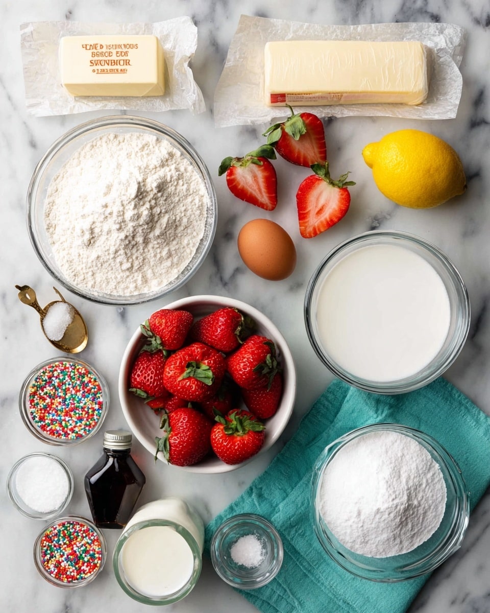A top view of various baking ingredients arranged neatly on a white marbled surface: a large clear glass bowl filled with white flour sits near the top middle, two sticks of unsalted butter wrapped in paper placed side by side above it; to the right, a medium clear glass bowl with white granulated sugar; below, a white bowl filled with fresh, bright red strawberries with green leaves, next to a halved lemon and two eggs, one light brown and one darker brown, placed on a teal cloth; at the bottom right, a medium clear glass bowl full of white powdered sugar; in the lower left area, a small dark brown bottle labeled vanilla extract, a small glass with milk, a salt shaker, and small glass containers holding white baking powder and white baking soda; near the top left, a small gold spoon filled with colorful round sprinkles and two halved strawberries on the surface. Photo taken with an iphone --ar 4:5 --v 7