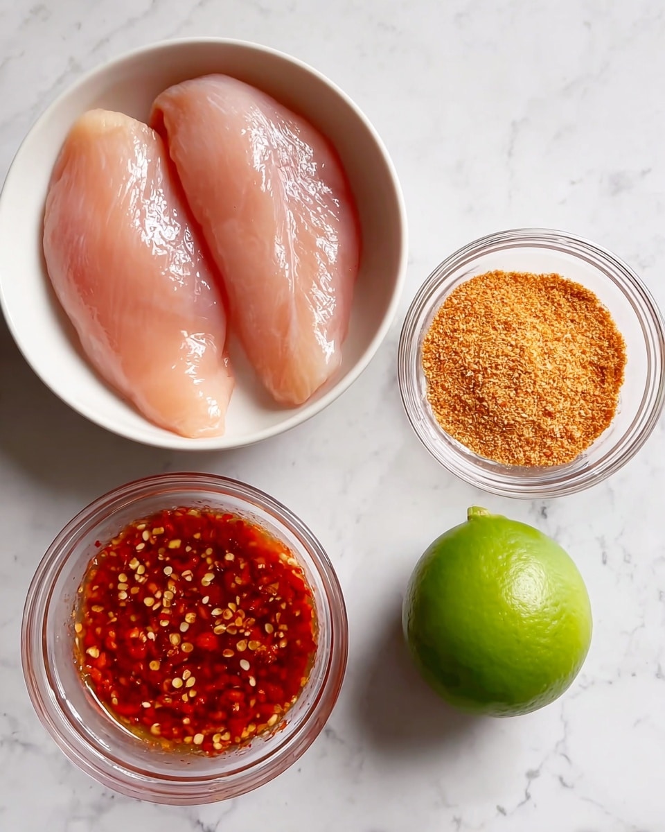 In the image, there are three raw chicken fillets placed smoothly inside a white bowl, showing a pale pink color with a shiny surface. To the right of the bowl, there is a small clear glass bowl filled with a powdery orange spice mix, textured finely and evenly spread. Below the chicken bowl, there is another clear glass bowl holding a vibrant red sauce with visible chili flakes and seeds mixed in, giving it a slightly chunky texture. To the bottom right side of the image, there is a whole bright green lime with a smooth, shiny skin. All items are arranged neatly on a white marbled surface. Photo taken with an iphone --ar 4:5 --v 7