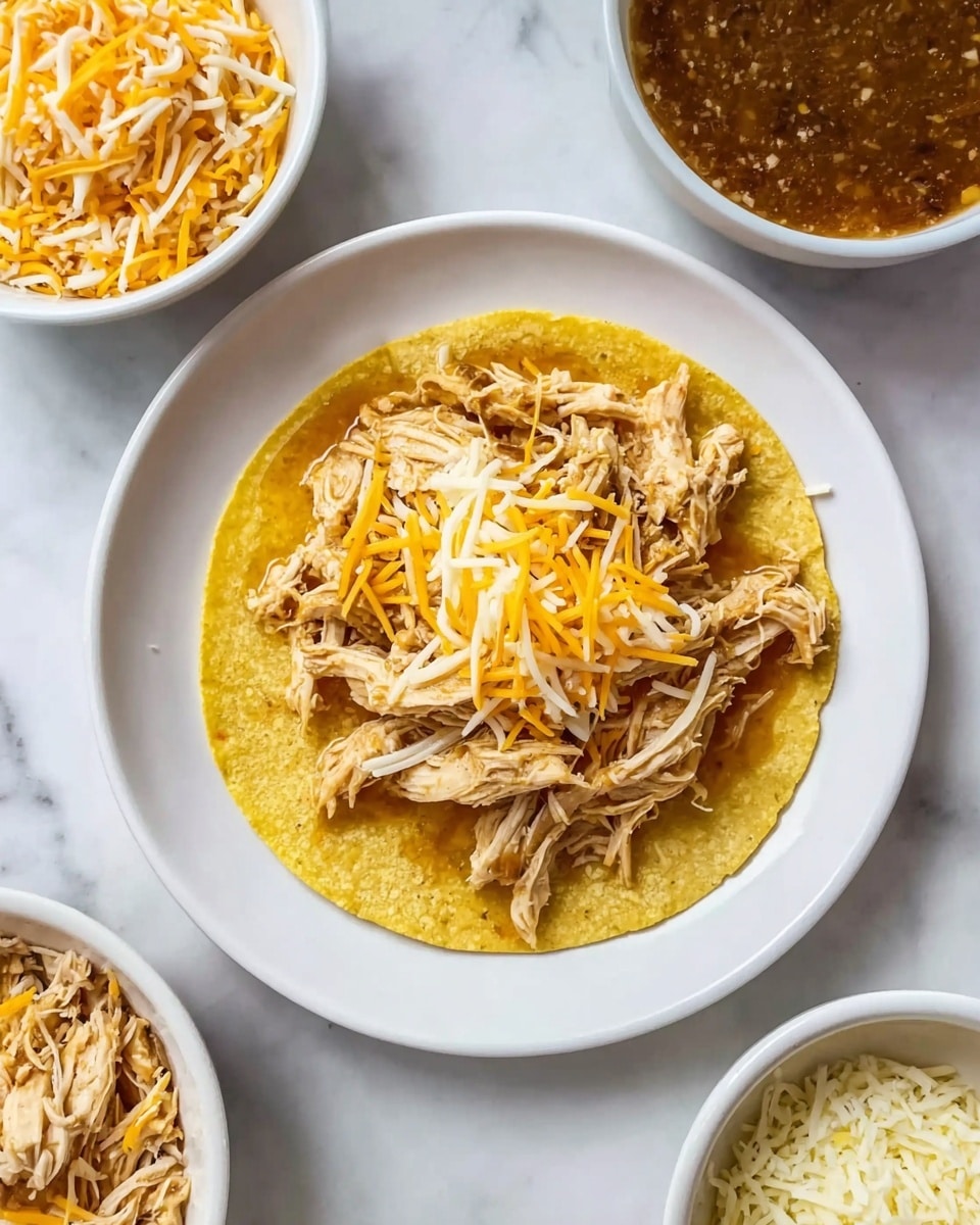 A white plate with one yellow corn tortilla laid flat in the center. On top of the tortilla, there is a layer of shredded chicken mixed with a light brown sauce, looking moist and tender. Over the chicken, there is a small mound of finely shredded orange and white cheese, adding a pop of color and texture. Surrounding the plate are small white bowls filled with extra shredded chicken, shredded cheese, and a dark brown sauce with small bits in it. The whole scene is set on a white marbled surface. Photo taken with an iphone --ar 4:5 --v 7