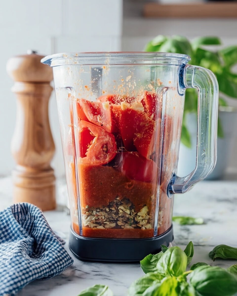 A clear blender container filled with three main layers of food: the bottom layer is a mix of chunky garlic pieces and seeds, the middle layer has large, roughly sliced red tomatoes with visible seeds and juicy texture, and the top layer shows some tomato juice with a slightly frothy surface. The blender sits on a white marbled surface with fresh green basil leaves scattered in the front right corner, a wooden pepper grinder on the left side, and a blue and white checkered cloth next to it. The background is softly blurred, keeping the focus on the blender container. photo taken with an iphone --ar 4:5 --v 7