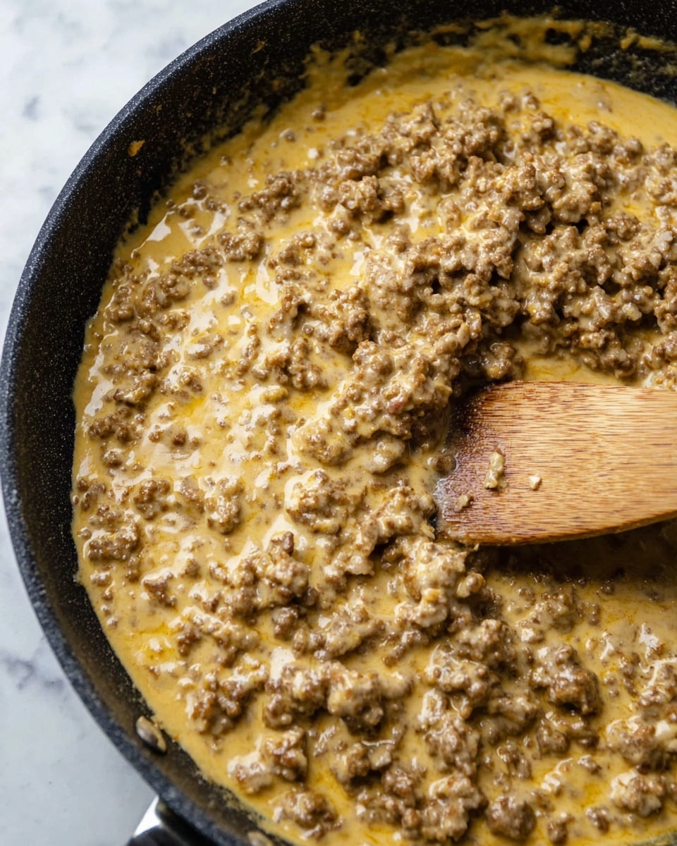 A close-up view of a black skillet filled with a creamy, yellowish ground meat mixture. The mixture has a smooth, slightly chunky texture with browned bits of meat visible throughout. On the right edge of the skillet, a wooden spatula with a natural wood grain texture is partially immersed in the mixture, lifting some of it. The background features a white marbled surface. photo taken with an iphone --ar 4:5 --v 7