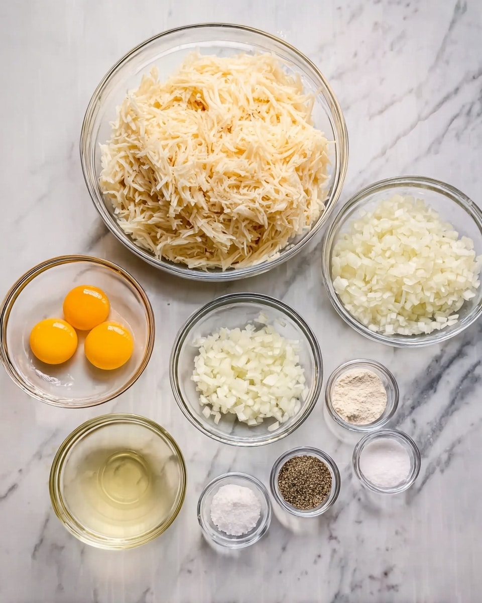 The image shows a white marbled surface with eight clear glass bowls arranged on it. The largest bowl is filled with a large mound of beige shredded potatoes placed on the left side. To the right and spread out in two rows, there are seven much smaller bowls. One small bowl contains two whole raw eggs with bright yellow yolks and clear whites, positioned in the bottom left of the smaller bowls. Next to it, a small bowl holds a pale yellow clear liquid. Above this, a bowl has finely chopped white onions. To the right of the onion bowl are three tiny bowls with small amounts of white flour, ground black pepper, and white salt respectively, arranged from top to bottom. The overall look is clean and organized with all ingredients visible and the light reflecting off the clear glass bowls photo taken with an iphone --ar 4:5 --v 7