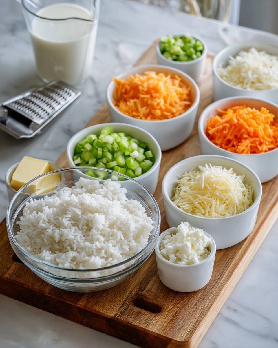 The image shows several white bowls and ramekins arranged on a light wooden board placed on a white marbled surface. In the foreground, there is a large clear glass bowl filled with cooked white rice. Behind and around it, there are six smaller white bowls containing different ingredients: finely chopped green celery, grated bright orange carrots, grated pale yellow cheese, chopped white onions, chopped green pickles, and a dollop of white creamy sour cream. One small white ramekin holds a portion of pale yellow butter. To the right, there is a clear glass measuring cup filled with milk and a metal cheese grater. A woman's hand holding the edge of the wooden board is partly visible at the bottom. The scene is well-lit with natural light, showing all the ingredients clearly. photo taken with an iphone --ar 4:5 --v 7