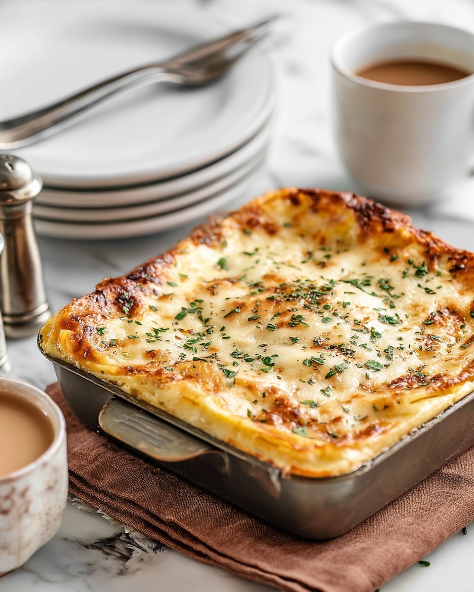 A square metal baking pan filled with a creamy casserole topped with melted cheese in shades of white and yellow, sprinkled with small green herbs evenly spread over the surface, the edges of the dish show a lightly browned, slightly crispy texture. The pan sits on a brown cloth on a white marbled surface with three stacked white plates with a silver fork on top in the background, a white cup and a silver salt and pepper shaker set nearby. Photo taken with an iphone --ar 4:5 --v 7