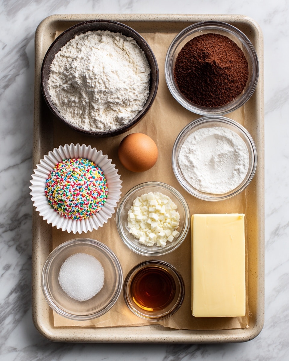 A baking tray lined with parchment paper holds various baking ingredients arranged neatly: a dark bowl filled with white flour sits at the top left, next to a clear glass bowl of brown sugar on the top right. Below the flour, a white bowl contains dark brown cocoa powder, and near it is a single brown egg in a small clear round bowl. Below, there is a clear bowl of white granulated sugar on the left, and a white paper cupcake liner filled with small, colorful round sprinkles in the center. To the right of these is a smaller clear bowl with white baking soda, and at the bottom left is a small clear bowl hold light brown vanilla extract. Next to it is another small clear bowl with white salt and a slab of rectangular yellow butter on the bottom right. All the items are placed on a beige baking tray, resting on a white marbled texture photo taken with an iphone --ar 4:5 --v 7