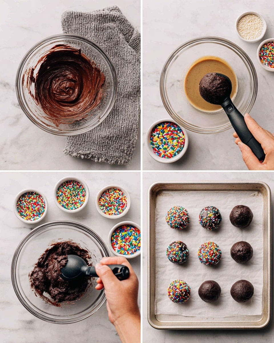 The image shows a step-by-step process of making chocolate cookie dough with sprinkles on a white marbled surface. In the first frame, a clear glass bowl with a smooth chocolate mixture inside is placed next to a gray textured cloth. The second frame features a separate clear glass bowl with a light brown liquid mixture. In the third frame, a clear glass bowl contains a thick, dark chocolate dough with some residue on the sides. The fourth frame shows a woman’s hand holding a black ice cream scoop, lifting some thick, dark chocolate dough from the same clear glass bowl. The fifth frame displays a baking tray lined with parchment paper holding three dark chocolate dough balls and six dough balls rolled in colorful round sprinkles, arranged neatly. Each frame has small bowls with colorful sprinkles nearby. photo taken with an iphone --ar 4:5 --v 7