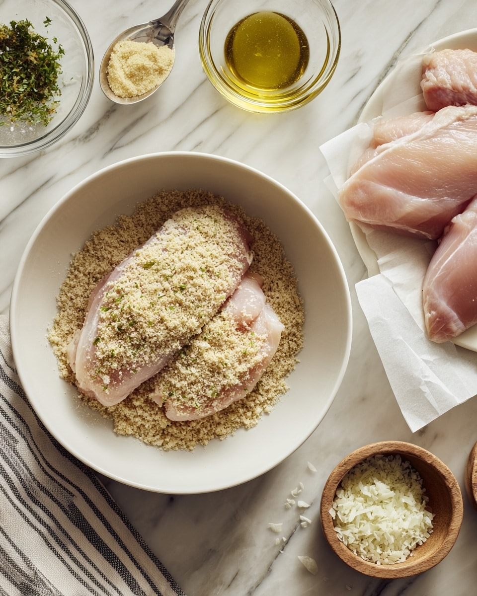 A white bowl holds one flattened piece of raw chicken covered in a pale breadcrumb mixture, resting on top. To the right, three raw chicken pieces with light pink skin lie on white paper. Around the bowl are small glass and wooden bowls containing different ingredients: finely chopped white onions, green herbs, grated cheese, and a small amount of golden oil. A small glass bowl with light yellow paste and a metal measuring spoon sit near the top. The entire scene is set on a white marbled surface, with a striped fabric at the bottom left corner. photo taken with an iphone --ar 4:5 --v 7