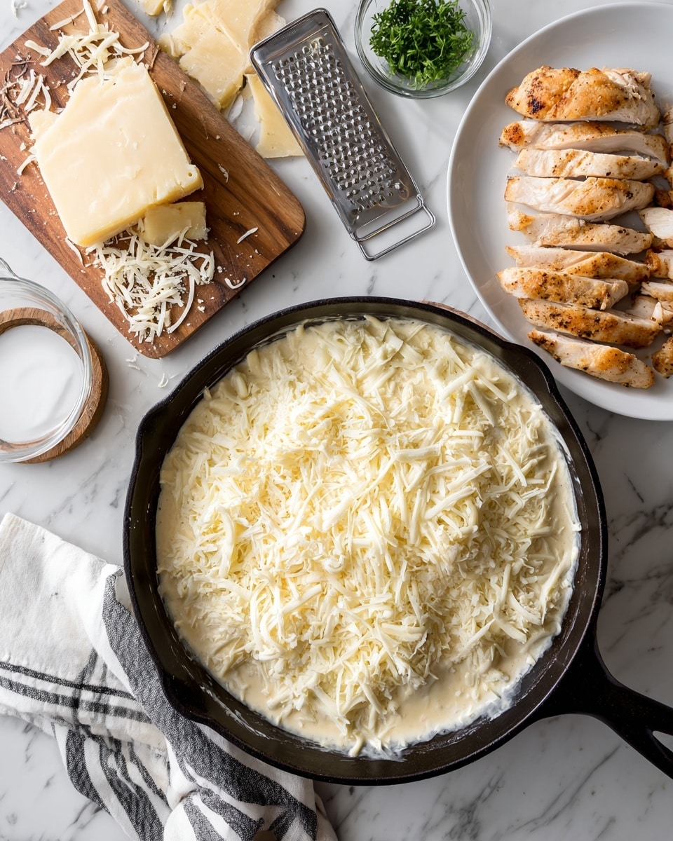 The image shows a black cast iron skillet filled with a creamy white sauce layered with light yellow grated cheese evenly spread on top. To the top left, a wooden cutting board holds a block of pale yellow cheese with some grated pieces scattered around and a metal grater resting partially on the board. Above the skillet, there is a small clear measuring cup with a little white liquid inside. On the right side, a white plate holds several pieces of cooked light golden brown chicken arranged in a slightly overlapping pile. The background features a white marbled surface with a small glass bowl of green herbs and a striped cloth napkin placed near the skillet's handle. Photo taken with an iphone --ar 4:5 --v 7