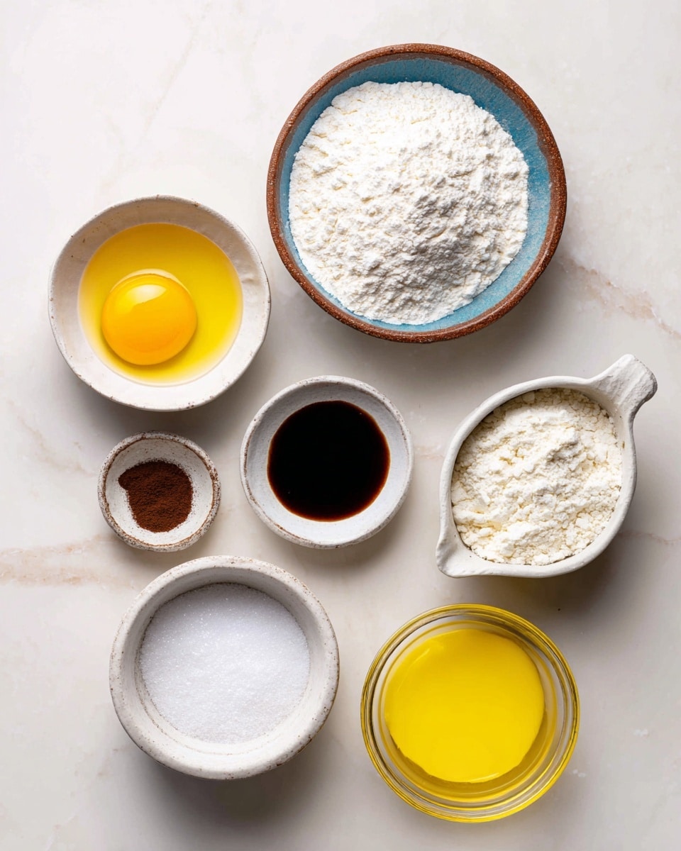 Six small bowls of ingredients are placed on a white marbled surface. On the top left is a small white bowl holding a bright yellow egg yolk. Next to it, a round bowl with a blue and brown rim holds white granulated sugar. On the top right, a white bowl with a little handle is filled with white flour. Below the egg yolk is a tiny white bowl with brown vanilla extract. Directly below the sugar bowl is a small white oval dish with fine white salt. On the bottom right, a clear glass bowl contains a bright yellow liquid, likely melted butter. The image is bright and clean, with a soft lighting effect. Photo taken with an iphone --ar 4:5 --v 7