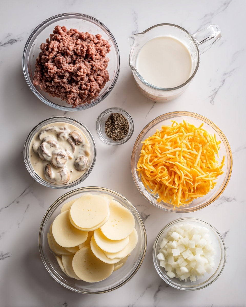 The image shows a white marbled surface with seven clear glass bowls and a small measuring cup arranged neatly. Starting from the top left, a bowl of raw ground meat with a slightly coarse texture is placed. To its right is a small bowl filled with black pepper. Below the pepper is a medium-sized bowl containing a thick white creamy sauce with bits of mushrooms. To the immediate right of this sauce is a measuring cup with white milk. Below the ground meat, a large bowl holds thin, round pale yellow potato slices stacked loosely. In the center bottom sits a bowl full of shredded bright orange cheddar cheese, and to the right of that, a smaller bowl contains diced white onions. The whole setup is clean and arranged for preparing a meal, photo taken with an iphone --ar 4:5 --v 7
