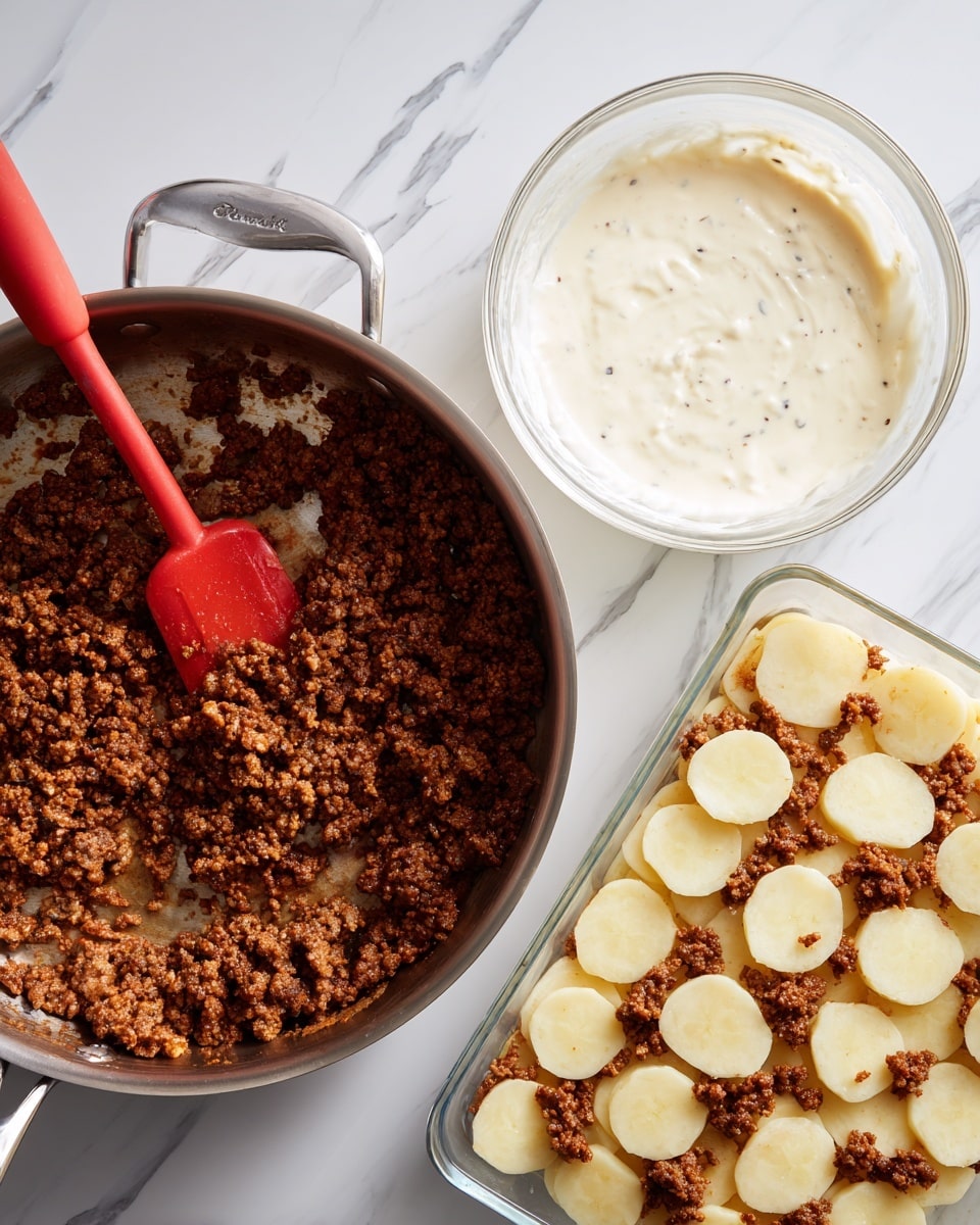 The image shows a cooking scene on a white marbled surface with three main items. On the left, there is a large stainless steel pan filled with cooked ground meat, which is dark brown with a slightly crumbly texture, and a bright red spatula resting in it. In the middle, there is a clear round glass bowl filled with a white sauce that has small black specks on the surface, giving it a creamy and smooth look. On the right, there is a white rectangular glass dish containing a layer of round, pale potato slices neatly arranged flat, topped with scattered cooked ground meat that is similar in texture and color to the pan’s contents. The overall scene is bright and clean, showing preparation steps of a layered dish. photo taken with an iphone --ar 4:5 --v 7