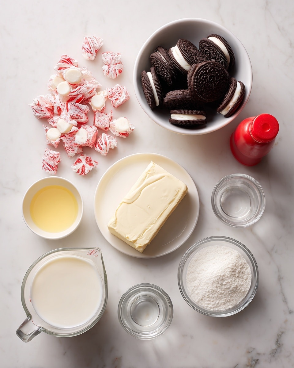 A top-down view shows various ingredients for a recipe arranged neatly on a white marbled surface. At the top center, a white bowl is filled with dark chocolate sandwich cookies with white cream inside. To its left, there are many small red-and-white wrapped candy pieces scattered loosely. Below the candies, a smooth block of cream cheese rests on a small white plate. Beside the cream cheese and slightly to the right, a small white bowl holds yellow melted butter. To the right of the butter, a clear glass bowl is full of fine white powdered sugar. Below the powdered sugar, two small clear bowls hold clear liquid extracts. At the bottom left, a clear measuring cup is filled almost to the top with thick white heavy cream. Next to the extracts on the right, a bottle of red food coloring stands upright with a red cap. The image has bright lighting and soft shadows, photo taken with an iphone --ar 4:5 --v 7