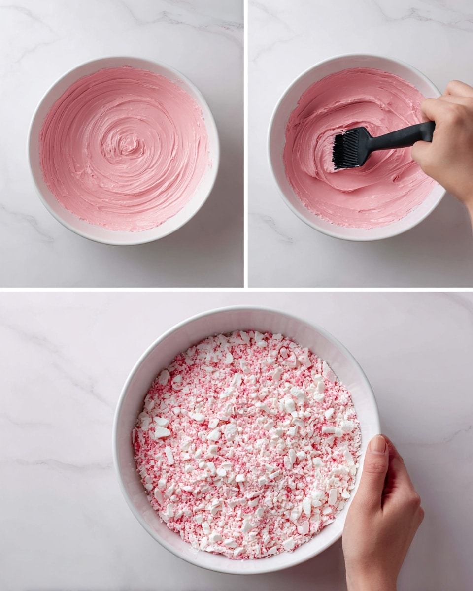 The first three images at the top show a woman's hand spreading a thick pink mixture evenly in a white bowl using a black spatula, with the mixture starting rough and becoming smooth and level by the third frame. Below these, there is a close-up of the white bowl filled with the same smooth pink mixture as the base layer, topped with a generous layer of finely crumbled white and pink pieces that create a textured, uneven surface. The entire scene is set on a white marbled surface, giving a clean and bright look. Photo taken with an iphone --ar 4:5 --v 7