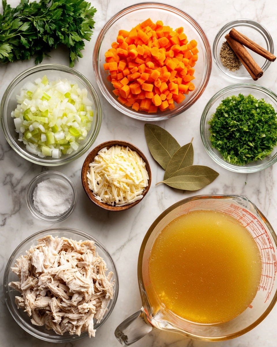 The image shows multiple clear glass bowls arranged on a white marbled surface. There is a large measuring cup filled with light golden broth on the right side. Surrounding it are smaller bowls containing chopped orange carrots, white chopped onions, finely chopped green celery, and shredded light beige cooked chicken. Small glass bowls hold white garlic cloves, white salt, yellow grated cheese, and a cinnamon stick. Fresh green parsley sprigs and a dried green bay leaf are also placed on the surface nearby. photo taken with an iphone --ar 4:5 --v 7