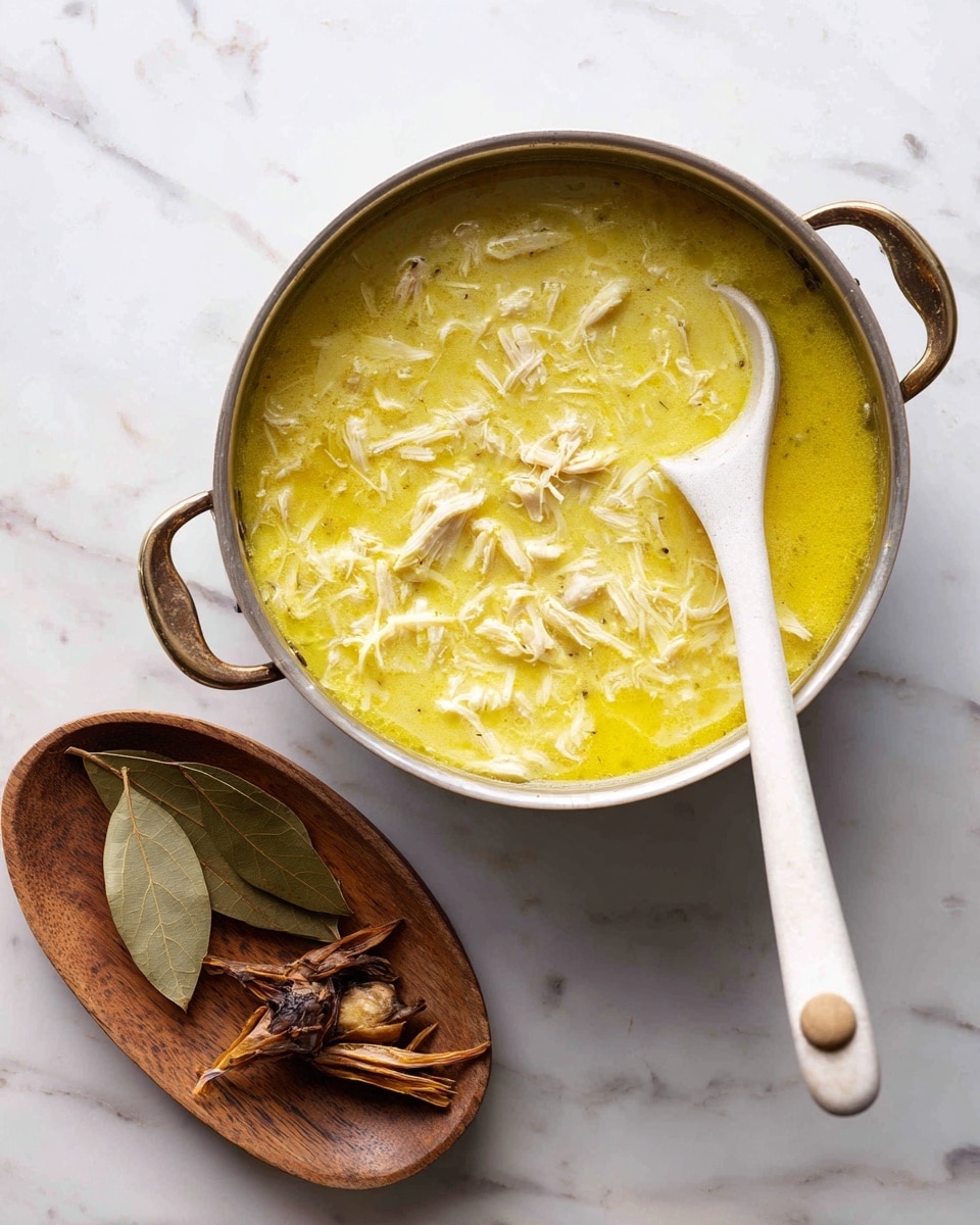 A round silver pot filled with thick yellow soup that has visible small shredded white pieces inside, likely chicken, is placed on a white marbled surface. A white stirring spoon with a small hole near the handle lies inside the pot, partially submerged in the soup. To the left of the pot, there is a small wooden tray holding a few dried herbs including a bay leaf, a small piece of dried fish or meat, and some thin dried leaves or roots, all resting on the same white marbled surface. photo taken with an iphone --ar 4:5 --v 7