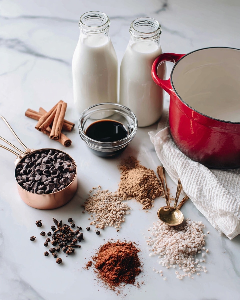 The image shows ingredients for cooking arranged on a white marbled surface. On the right is a red pot with a white inside, resting on a white cloth. In the center, there is a small clear glass bowl with a dark liquid. Nearby are small piles of light brown powder, brown dried cloves, and whole black peppercorns. A rose gold measuring cup is filled with brown powder, and another rose gold measuring cup holds dark chocolate chips that spill onto the surface. Behind these, two glass bottles filled with white milk stand side by side, the larger one at the back. photo taken with an iphone --ar 4:5 --v 7
