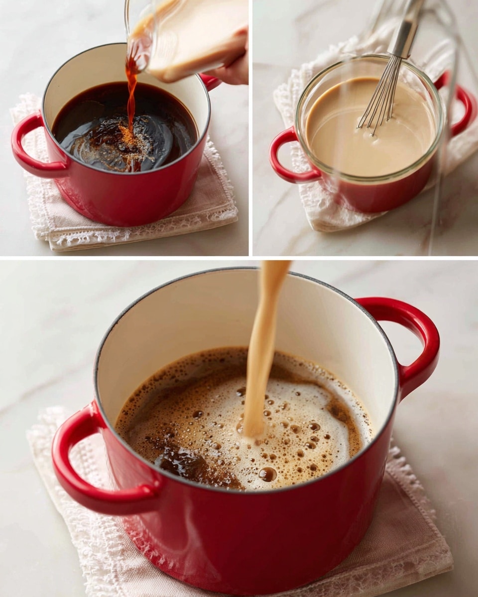 The image shows three steps of making a creamy drink in a red pot with white inside placed on a white marbled surface. The first step shows dark brown coffee with some cream being poured from the red pot into a clear glass bowl below; the coffee has a smooth texture with some light creamy swirls. The second step shows beige cream with a smooth texture being poured from a glass pitcher into the red pot. The final step shows the creamy drink inside the red pot being whisked, creating a light brown foam with tiny bubbles on top, and a silver whisk partially visible. The red pot sits on a white cloth with lace edges. Photo taken with an iphone --ar 4:5 --v 7