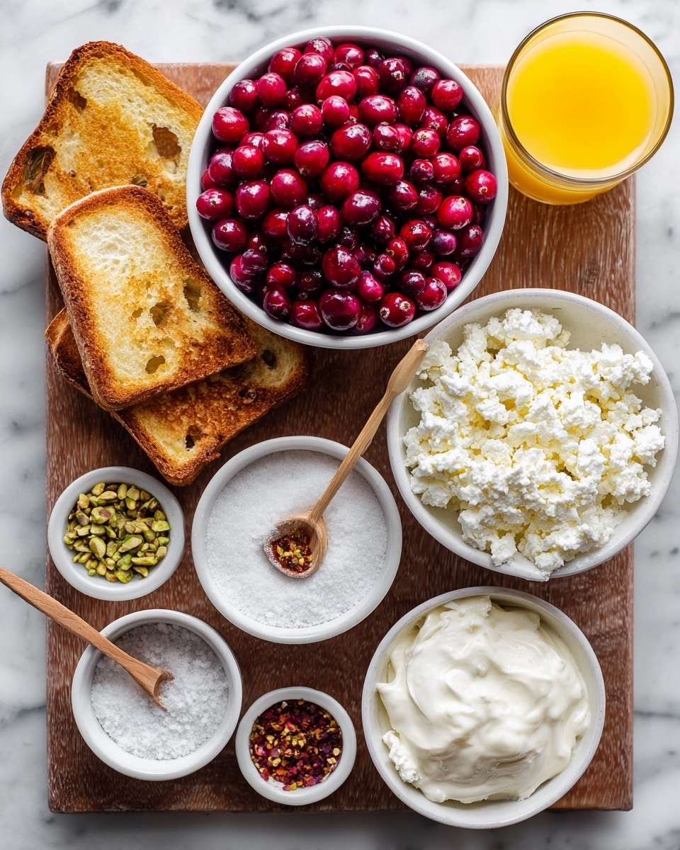 A wooden board sits on a white marbled surface, holding several white bowls and plates filled with ingredients. In the center, a large white bowl is full of bright red cranberries. To the right, there is a medium white bowl filled with crumbled white cheese and below it, another white bowl with smooth cream cheese. Next to these, a white bowl contains granulated white sugar with a small wooden spoon resting on top. On the left side, a small white dish holds crushed pistachios, and two slices of toasted bread lean against the bowls. A glass cup filled with orange juice is placed near the top center, and small containers with honey and chili flakes sit near the bottom left. Photo taken with an iphone --ar 4:5 --v 7