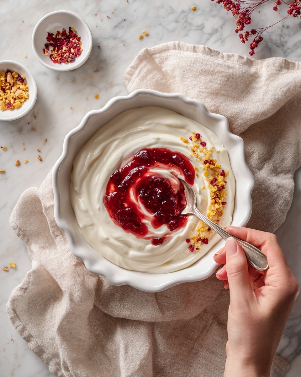 A white scalloped bowl filled with a thick, smooth layer of white cream, shown in three steps: first, the cream is spread evenly inside the bowl with a woman's hand holding a spoon; second, a swirl of red jam is added on top of the cream in a circular pattern; third, the red jam and cream are topped with a sprinkle of yellow crushed nuts and red flakes, creating texture contrast. The bowl sits on a soft beige cloth on a white marbled surface, with small white dishes holding more crushed nuts and red flakes, along with some red berries nearby. The lighting is soft and natural. photo taken with an iphone --ar 4:5 --v 7