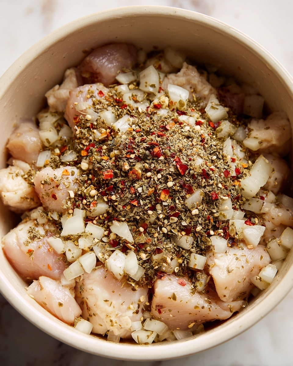 A close-up view of a white pot filled with raw chicken pieces that are pale pink and light beige in color, mixed with small diced onions that are translucent white. On top of the chicken and onions, there is a thick layer of mixed green and brown dried herbs and spices, giving a rough texture with some red chili flakes scattered throughout. The pot's inside surface is smooth and light cream, contrasting softly with the chicken and herbs. The background is a white marbled texture. photo taken with an iphone --ar 4:5 --v 7